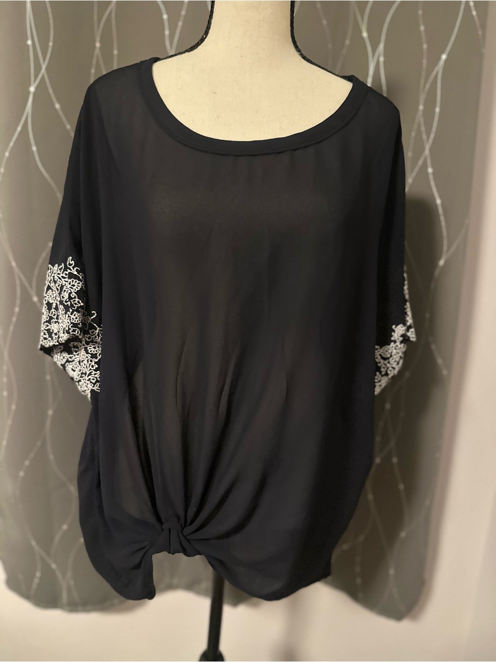 Democracy Dark Navy Knot Front Blouse with White Embroidered Dolman Sleeves